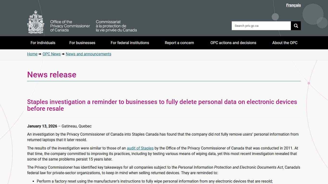 News release: Staples investigation a reminder to businesses to fully delete personal data on electronic devices before resale - Office of the Privacy Commissioner of Canada
